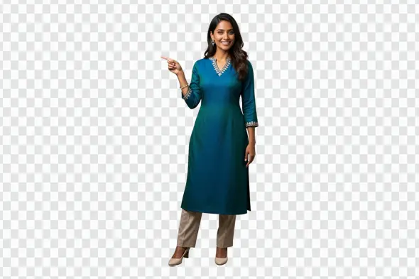 Elegant Indian Woman in Blue Kurta Pointing Left PNG