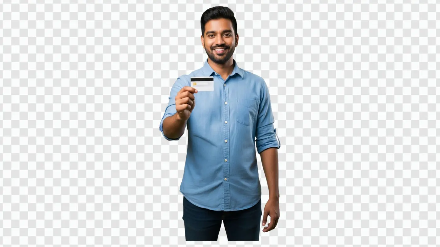 Confident young Indian man showing credit card PNG