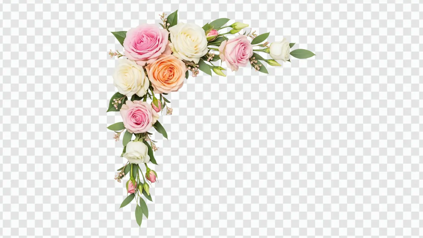 Beautiful Pink Peach Roses Floral Corner Element PNG
