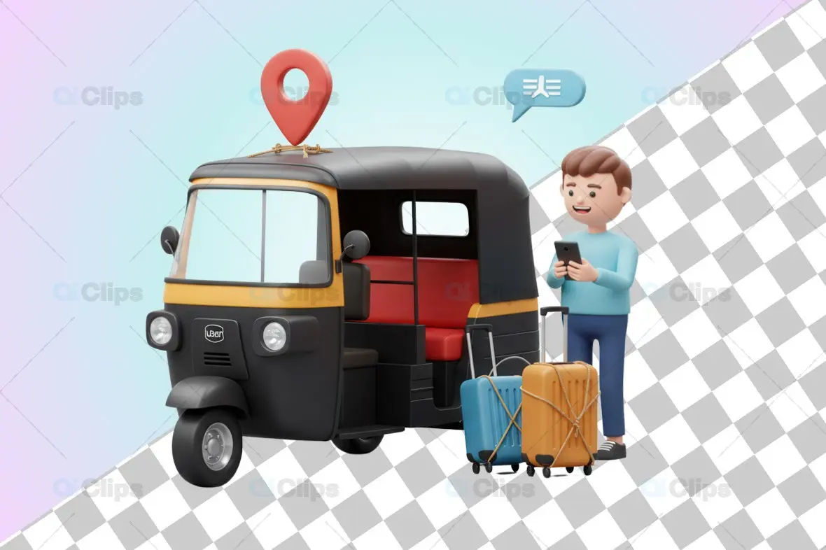 3D Auto Rickshaw with Traveler and GPS Location Pin