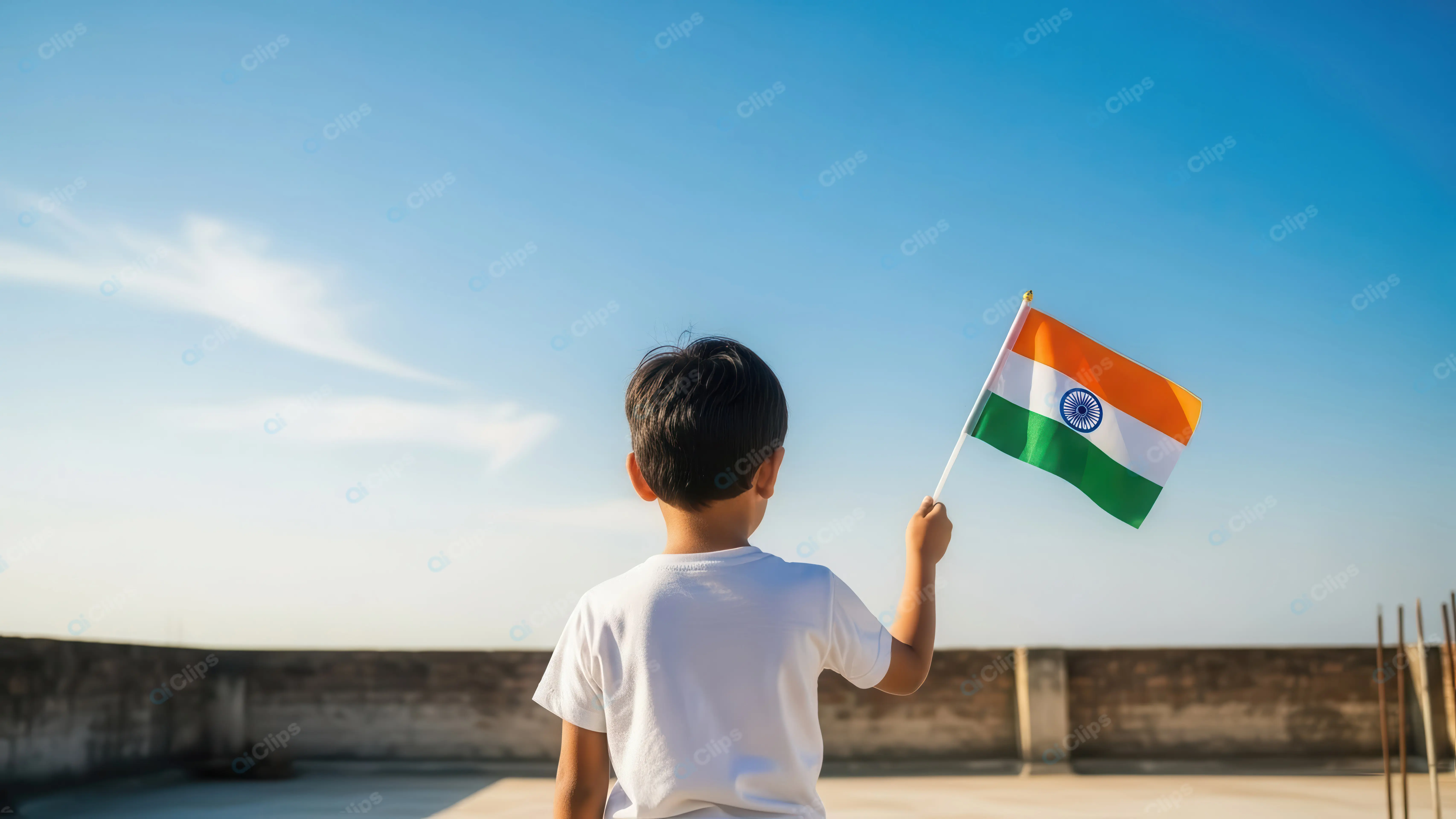 Child on Rooftop with Indian Tricolor