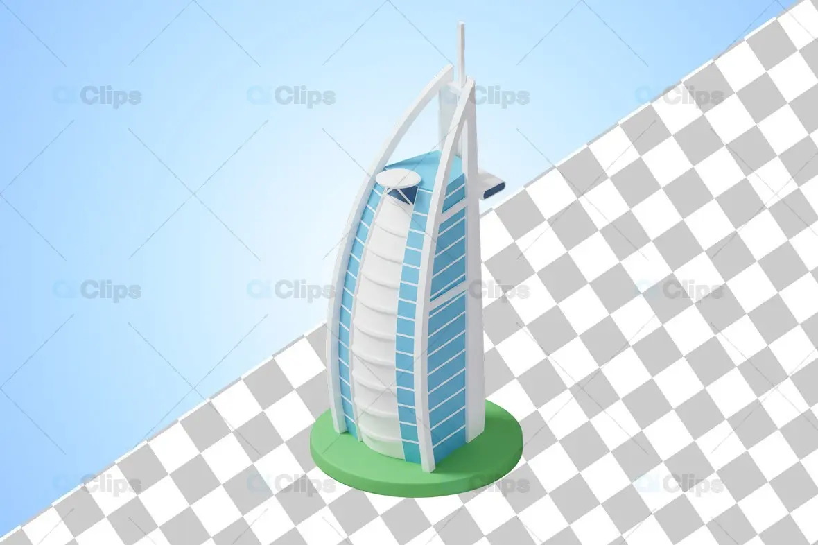3D Burj Al Arab Hotel Miniature on Green Base