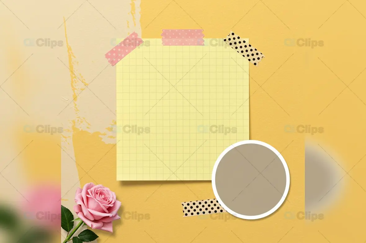 Feminine Yellow Grid Note Template with Rose and Washi Tape