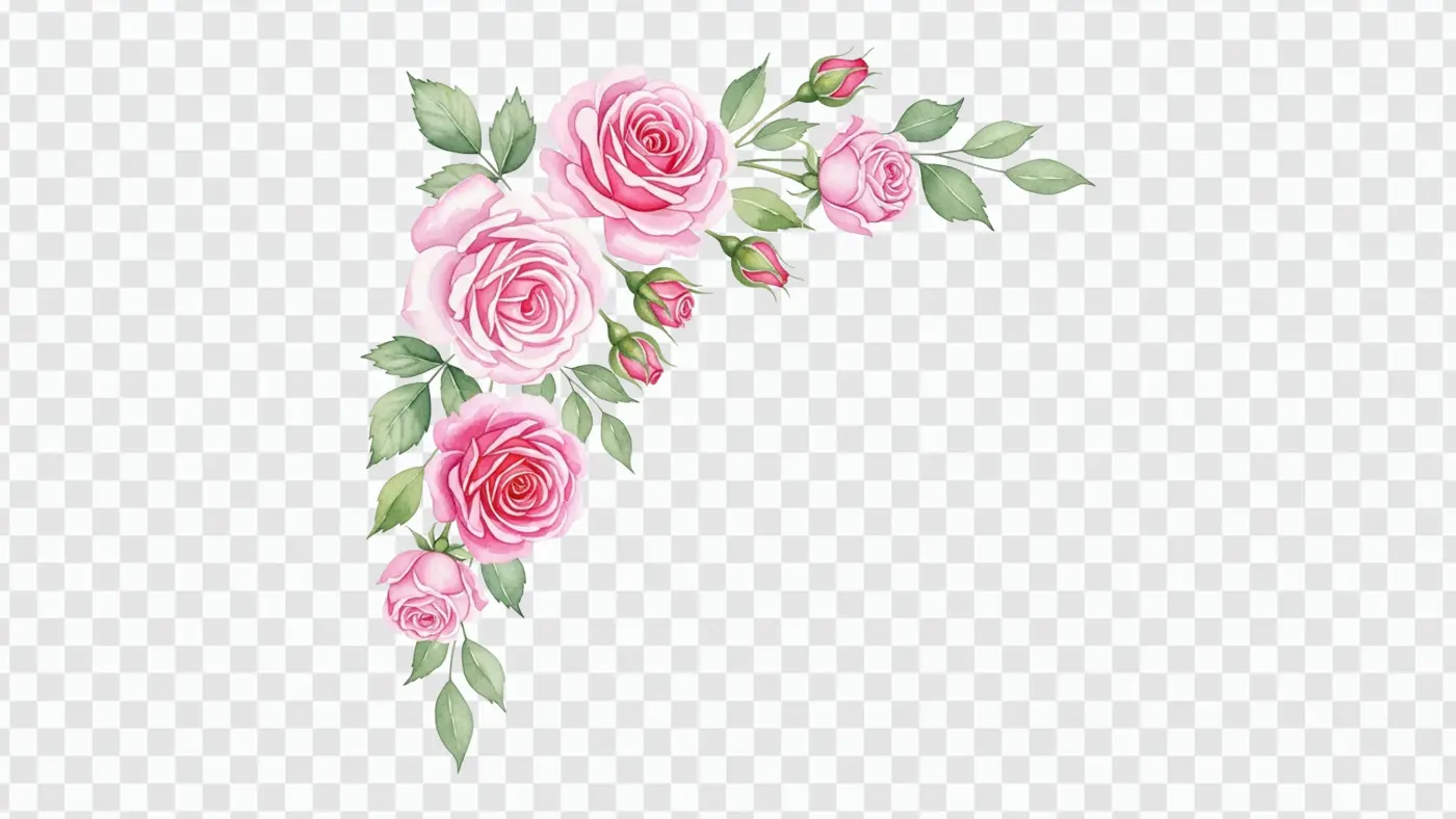 Romantic Pink Rose Watercolor Corner Design Clipart PNG