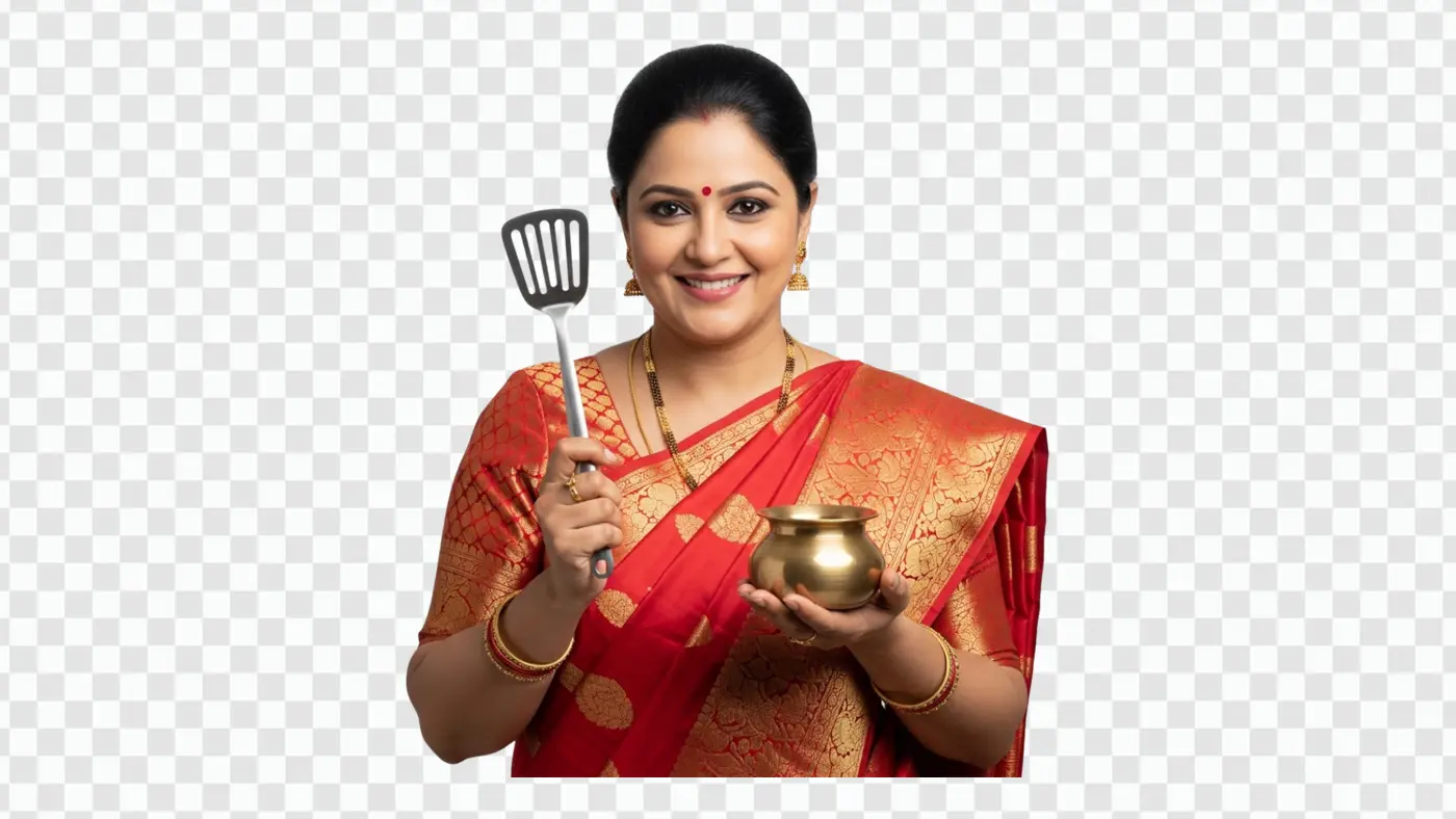 Traditional Indian Woman with Cooking Utensils PNG Clipart