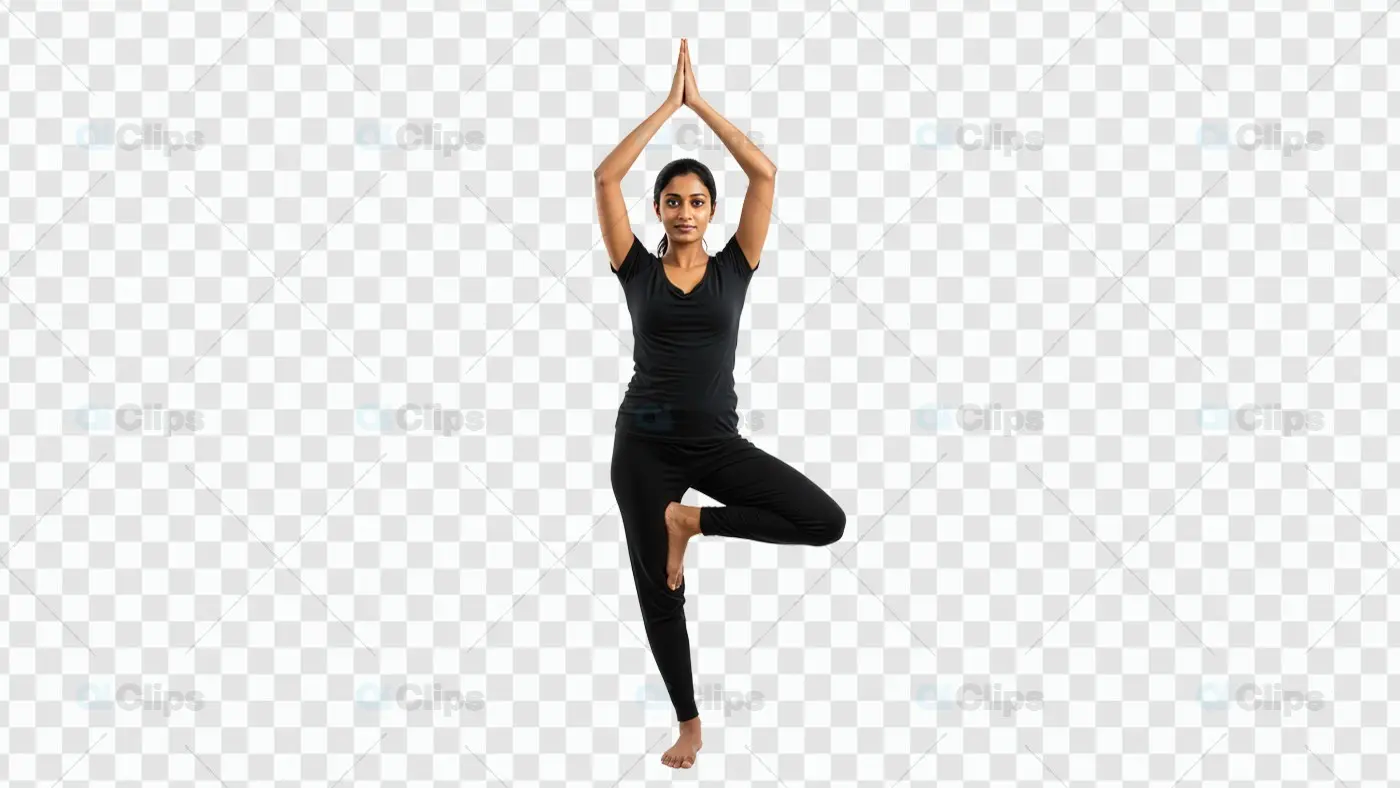 Woman Performing Tree Pose Yoga Position on Transparent Background