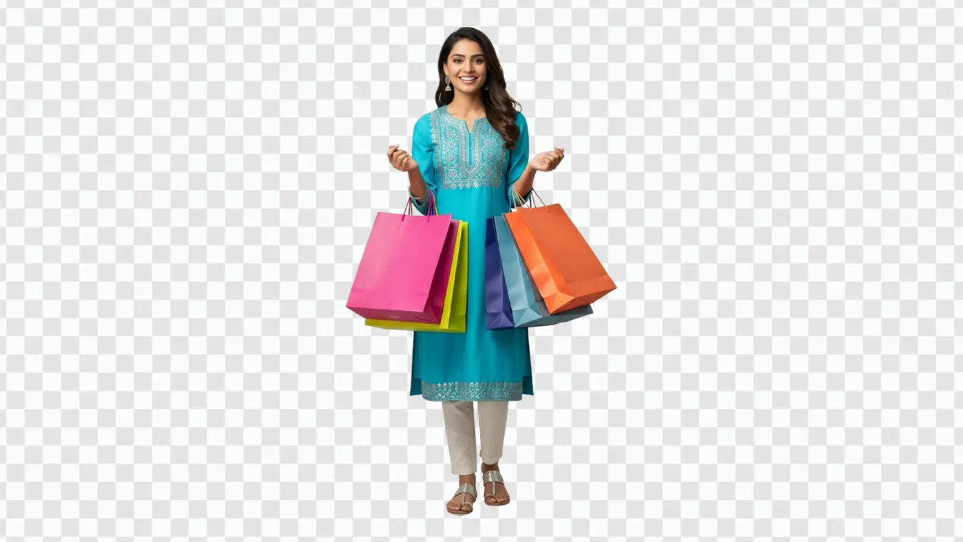 Happy Indian Woman Carrying Colorful Shopping Bags PNG