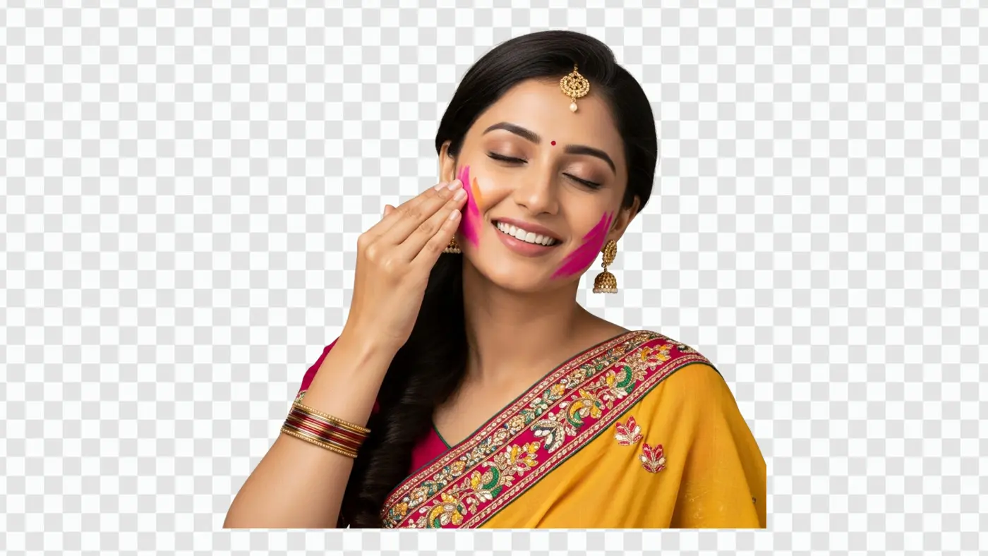 Happy Indian Woman Celebrating Holi Festival with Colors PNG