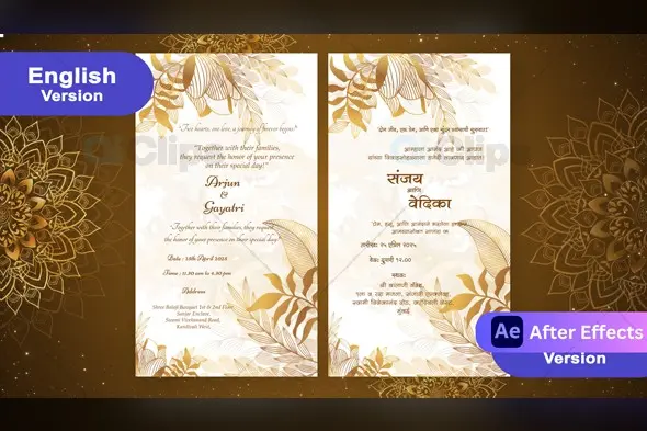 Elegant Golden Floral Wedding Invitation Marathi & English Template