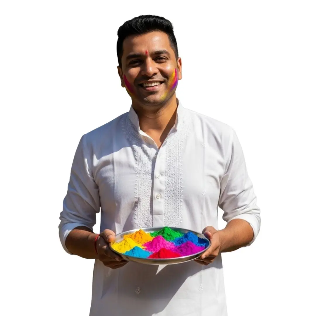 Joyful Man in Kurta Holding Holi Colors PNG Clipart