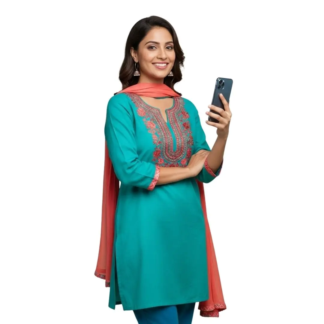 Modern Indian Woman in Kurta Holding Smartphone PNG