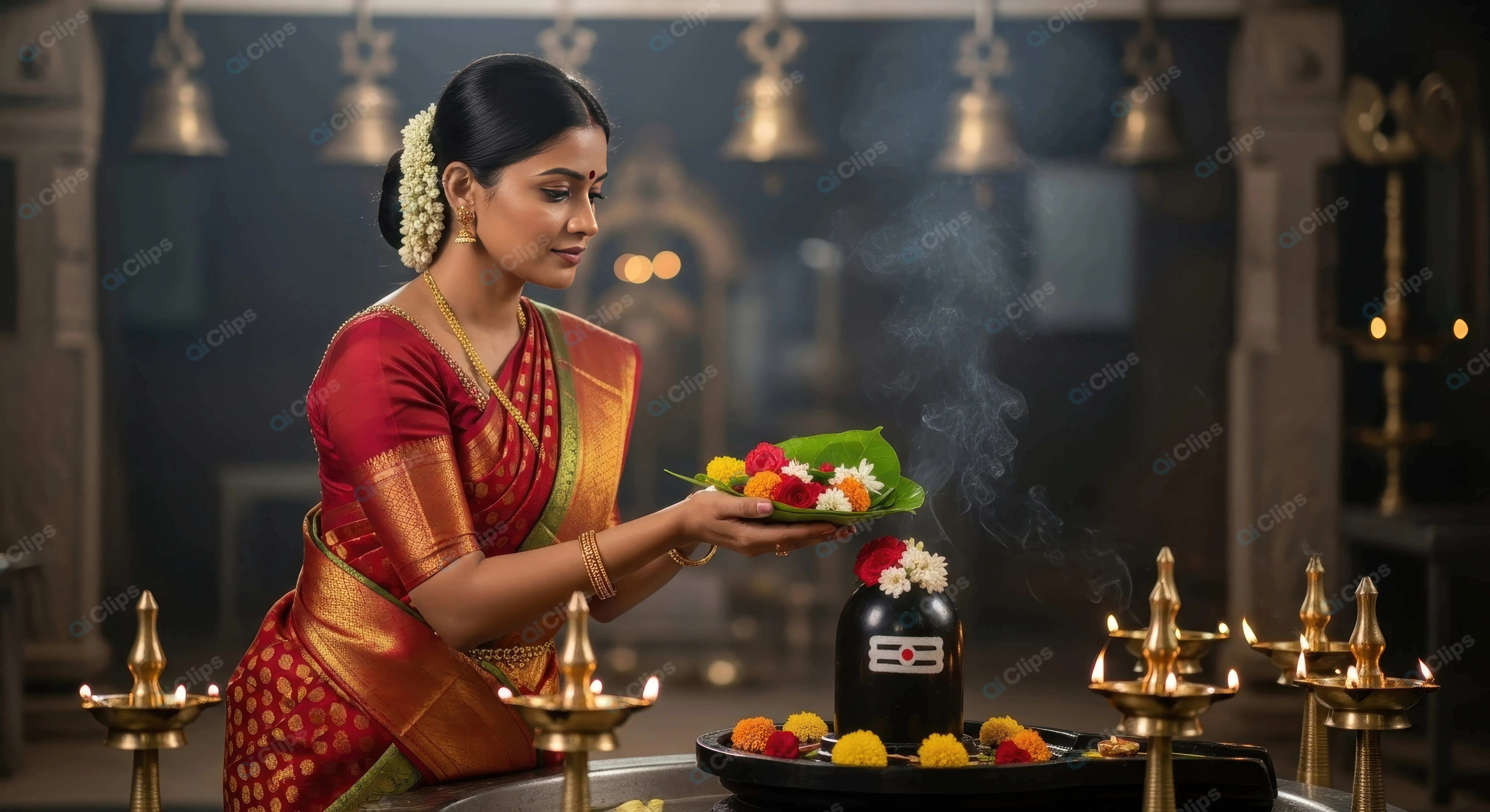 Serene Woman's Offering at a Temple