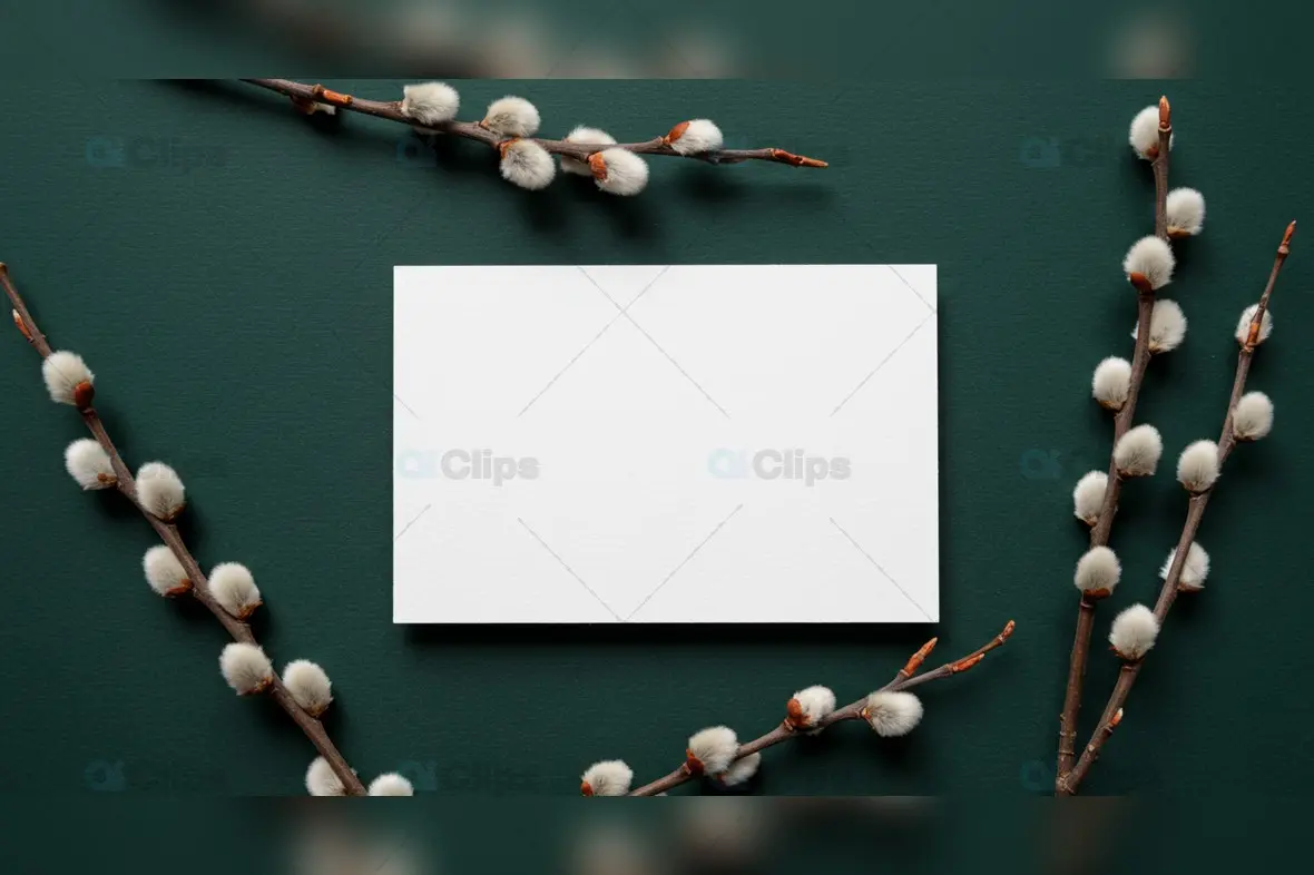 Blank Card Mockup with Floral Branches on Dark Green