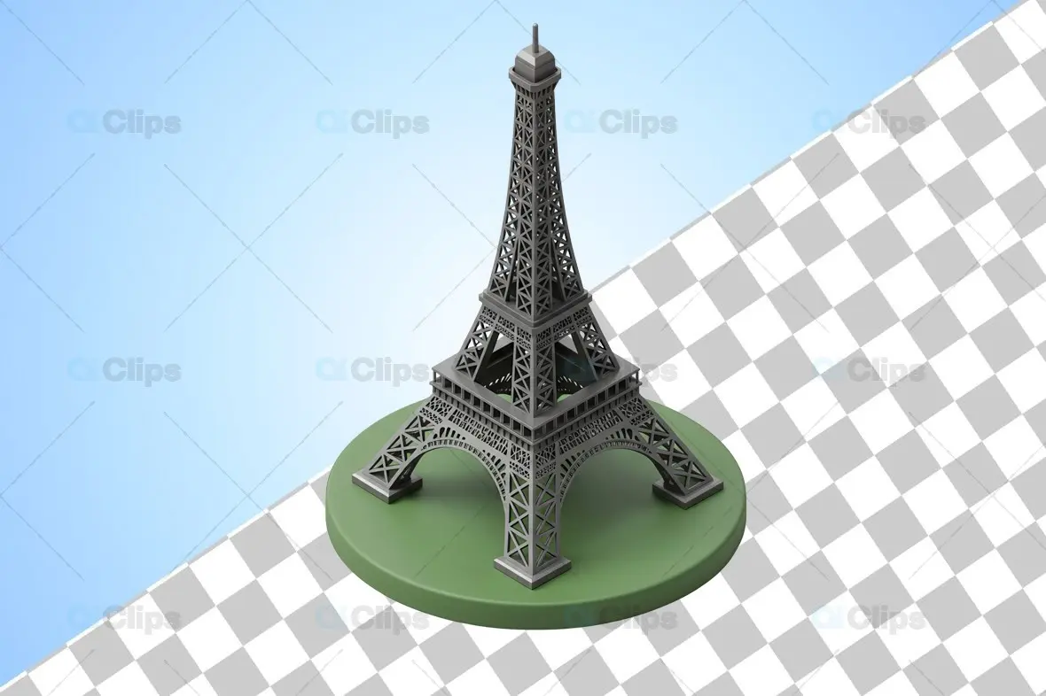 Isometric 3D Eiffel Tower on Circular Green Base