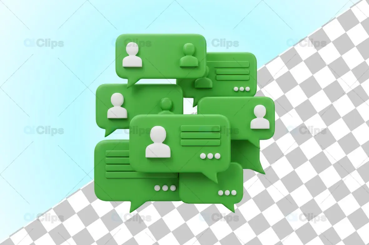 3D Green Chat Bubbles with User Icons and Message Interface