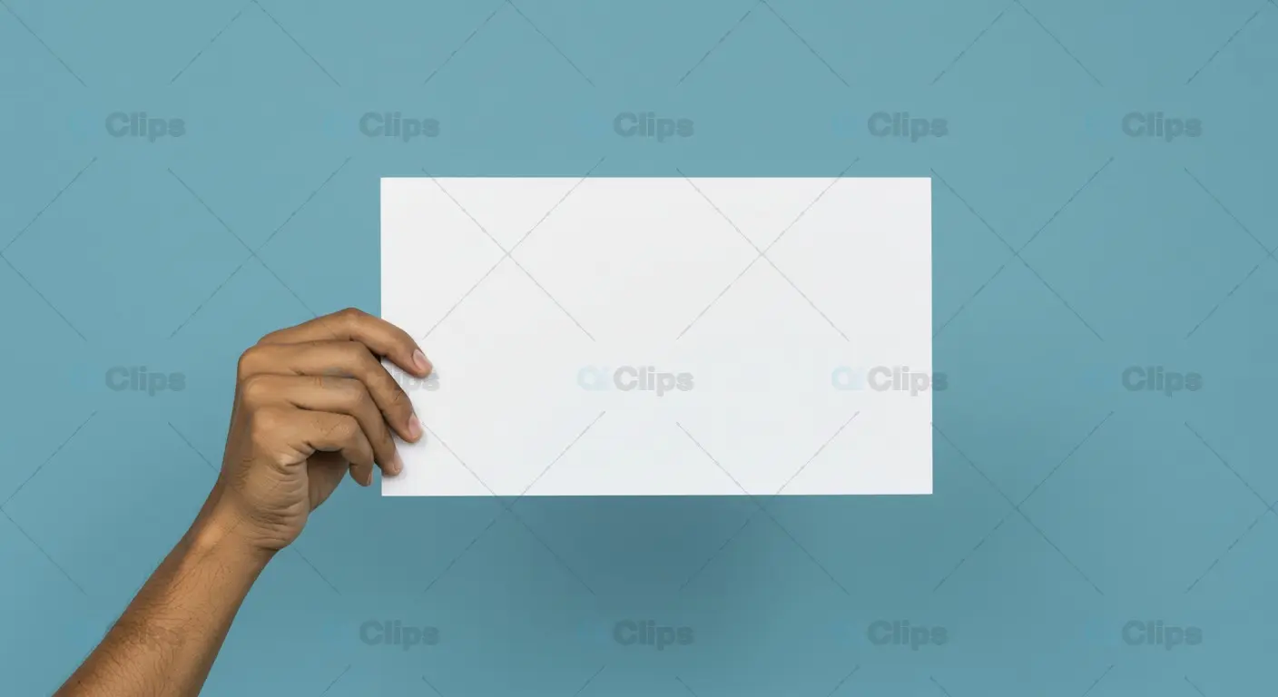Hand Holding Blank White Card on Blue Background
