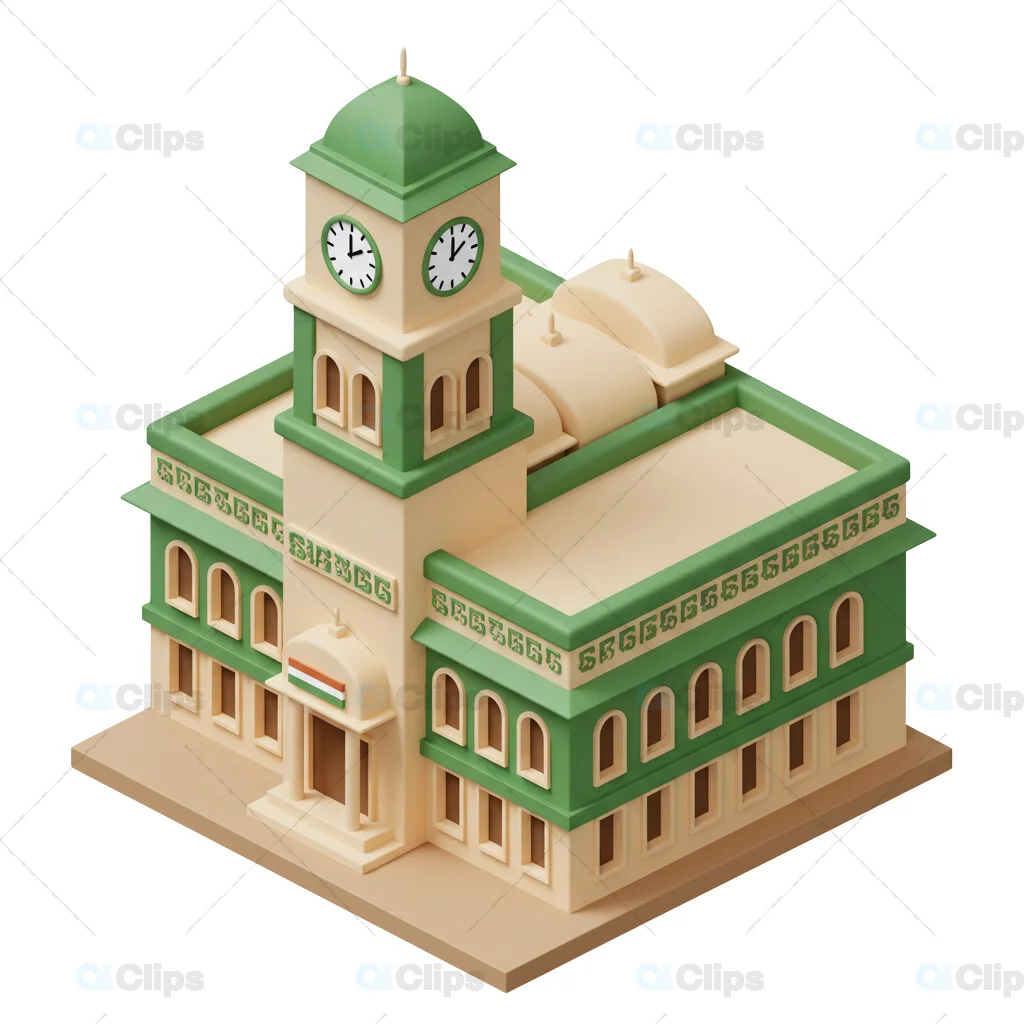 3D Isometric Colonial Heritage Building with Clock Tower