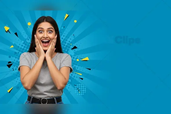 Excited Woman on Blue Burst Background with Geometric Accents