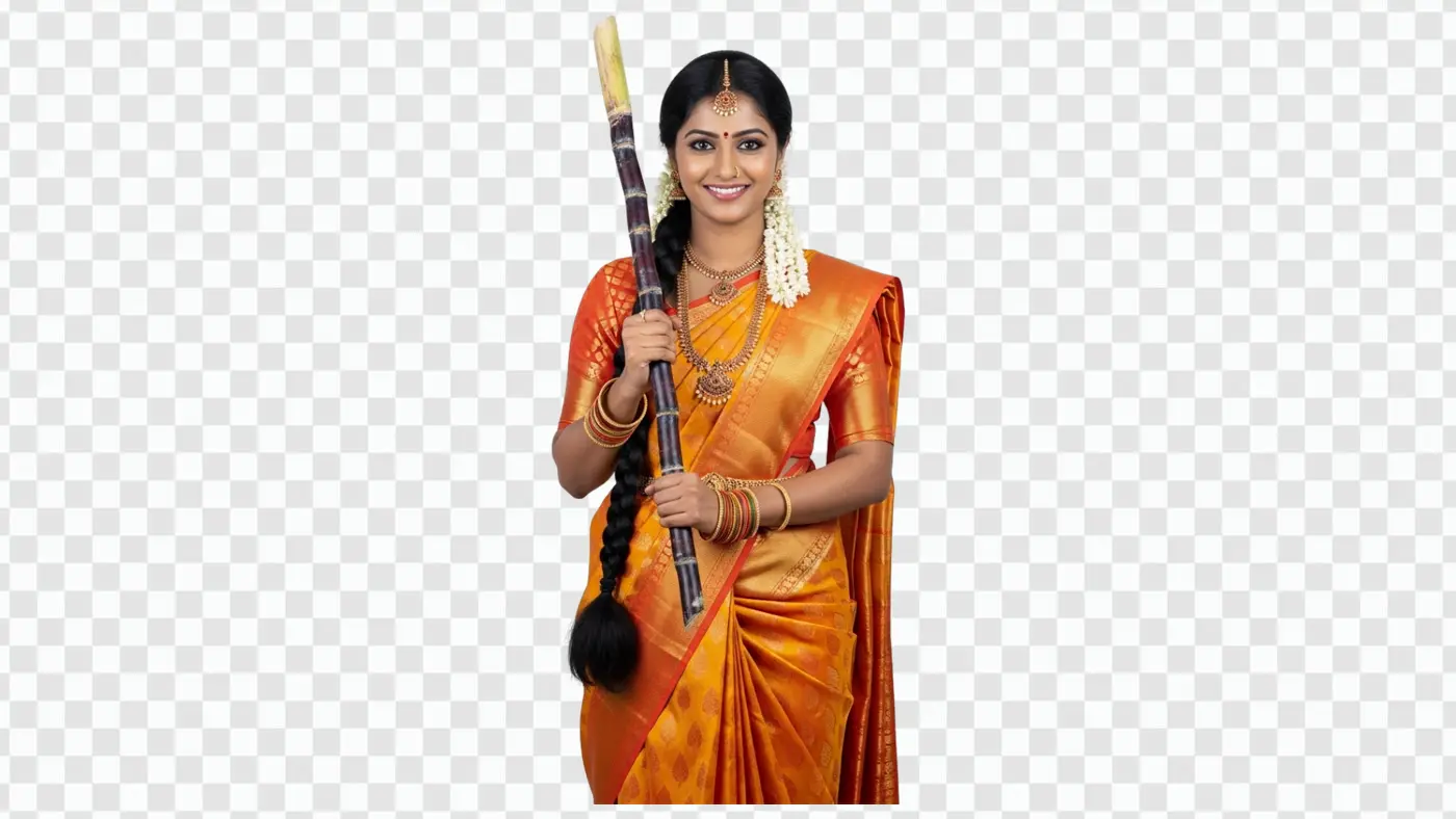 South Indian Woman with Sugarcane Celebrating Pongal PNG