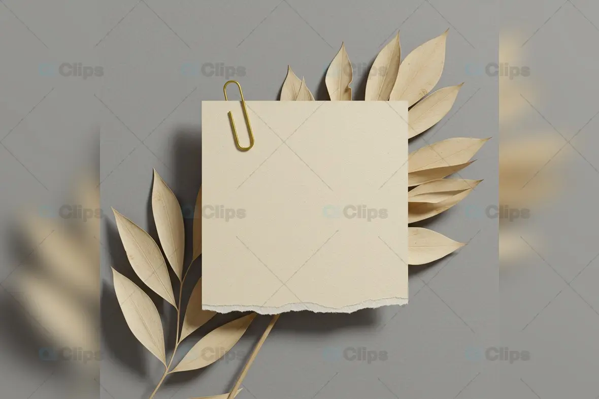 Minimal Paper Note with Dried Leaves and Gold Paperclip