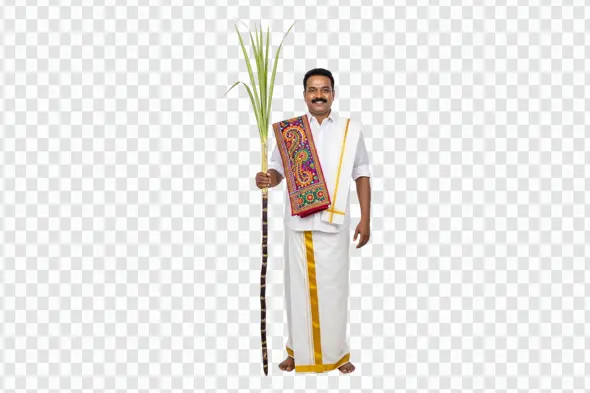 Smiling South Indian Man Holding Sugarcane for Pongal PNG