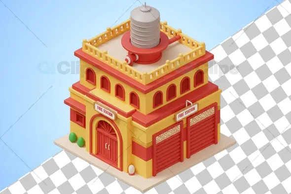 Isometric 3D Fire Station Building with Water Tower
