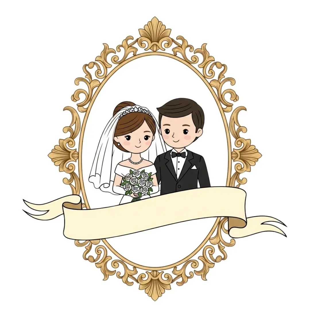 Cute Wedding Couple in Ornate Frame Banner Clipart