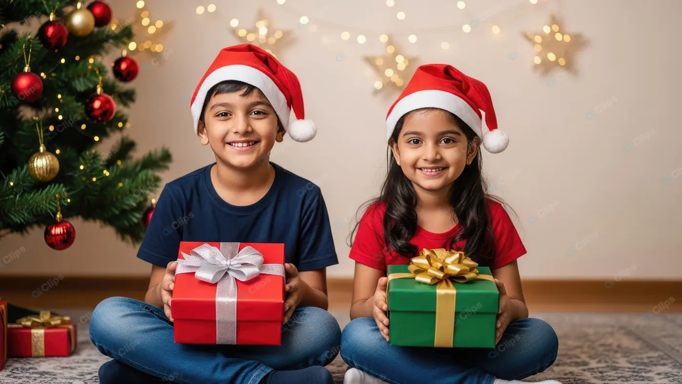 Young Indian Siblings Christmas Portrait