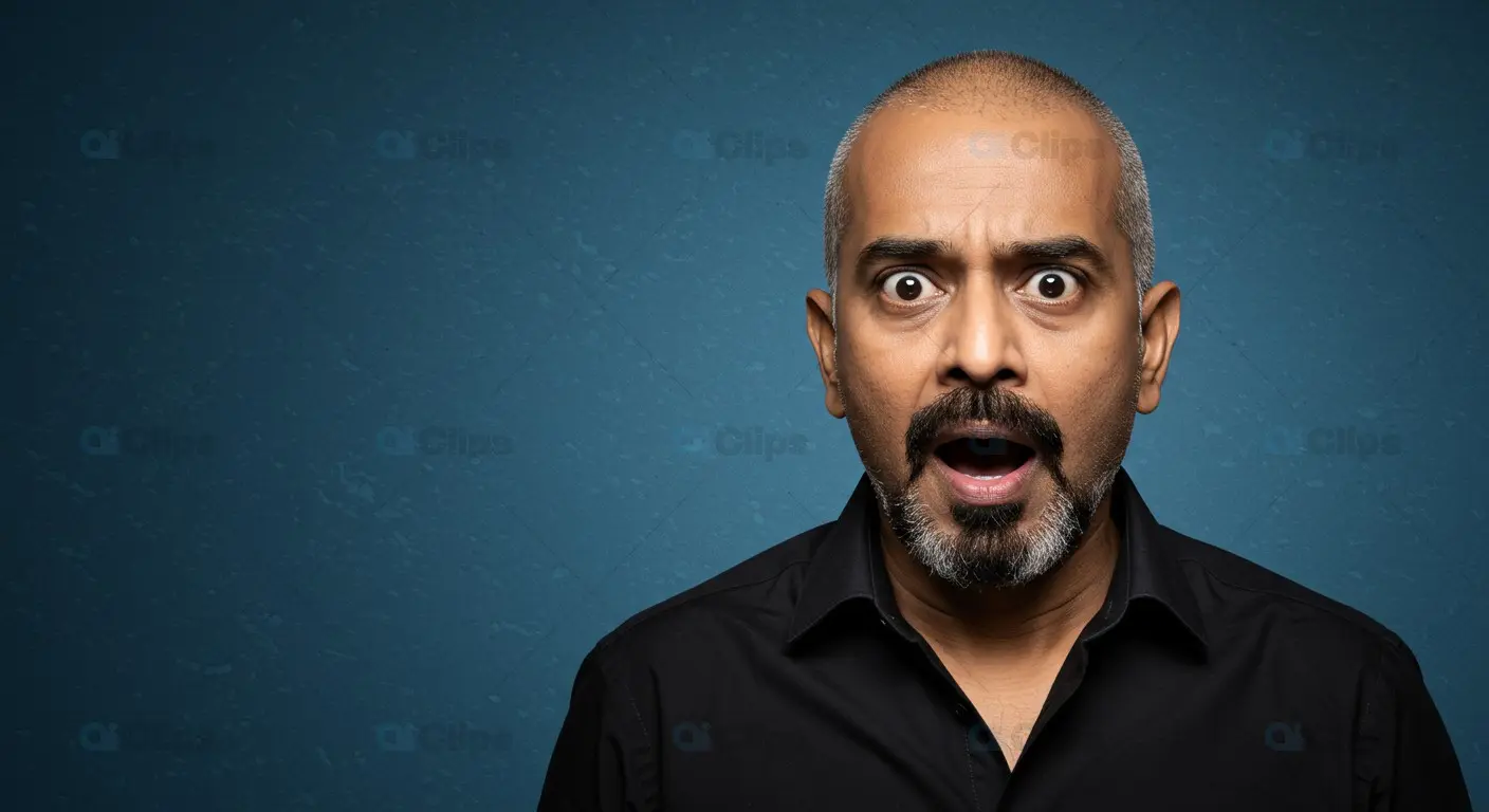 Shocked Indian Man on Textured Blue Background