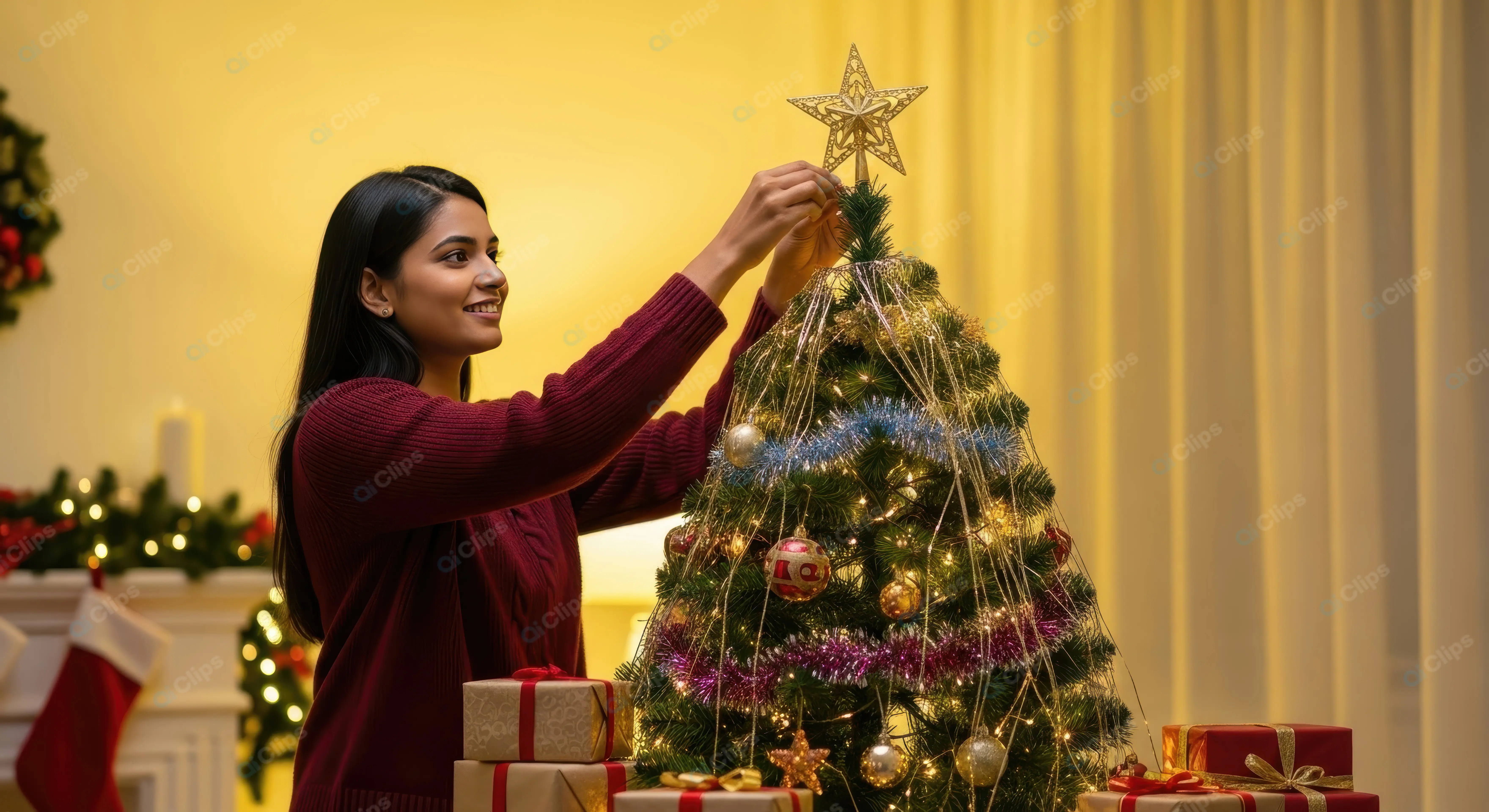 Smiling Woman Adds Star to Christmas Tree