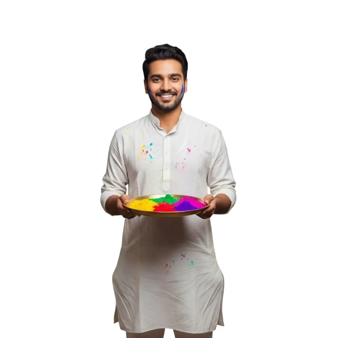 Young Indian Man with Holi Color Plate PNG Clipart
