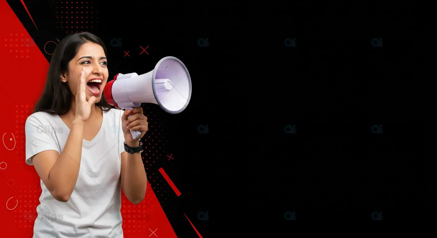 Indian Woman Shouting Through Megaphone on Red and Black Abstract Background