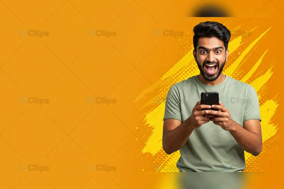 Excited Man Using Smartphone Background