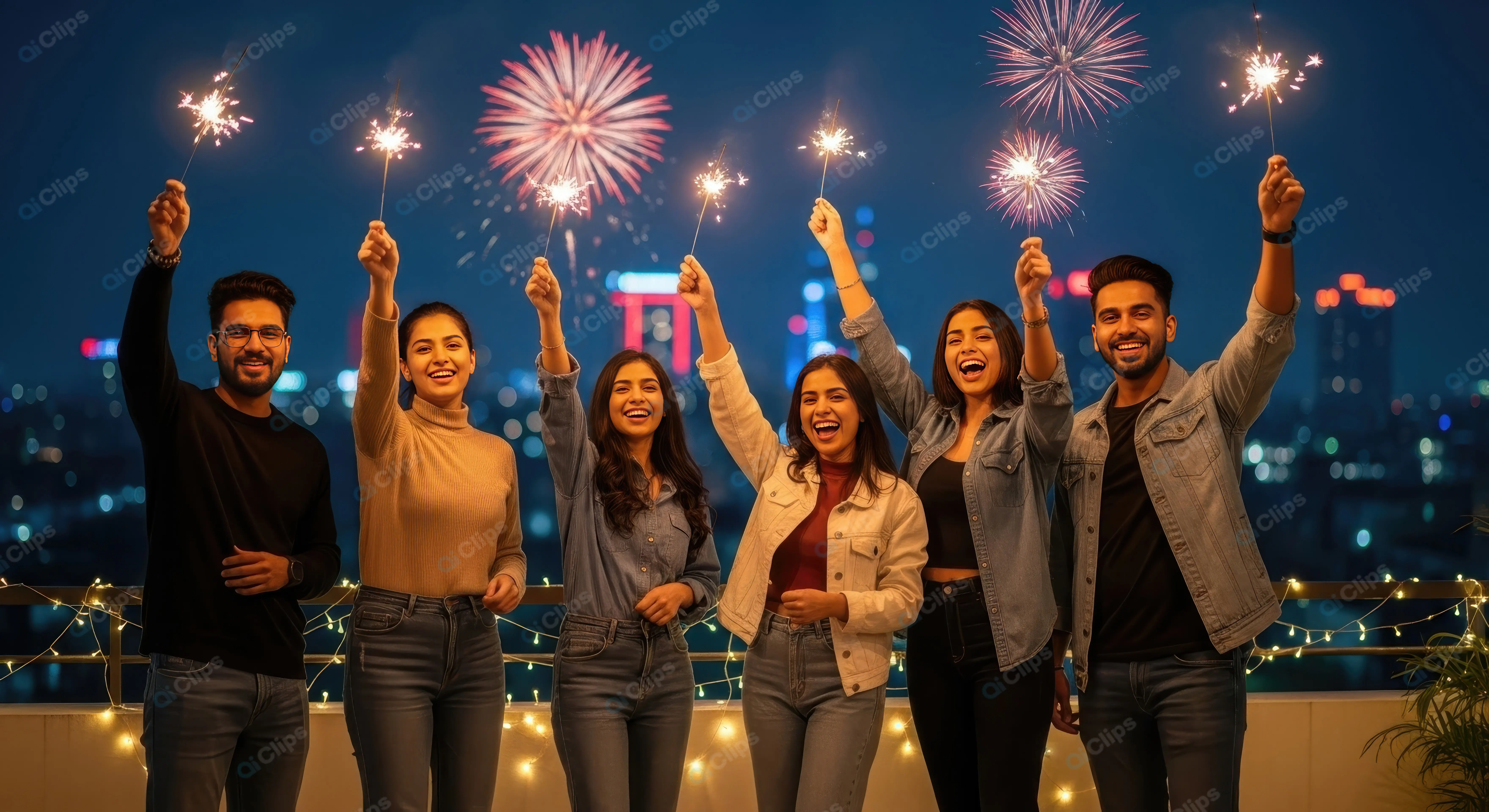 Young Friends with Sparklers on a City Rooftop