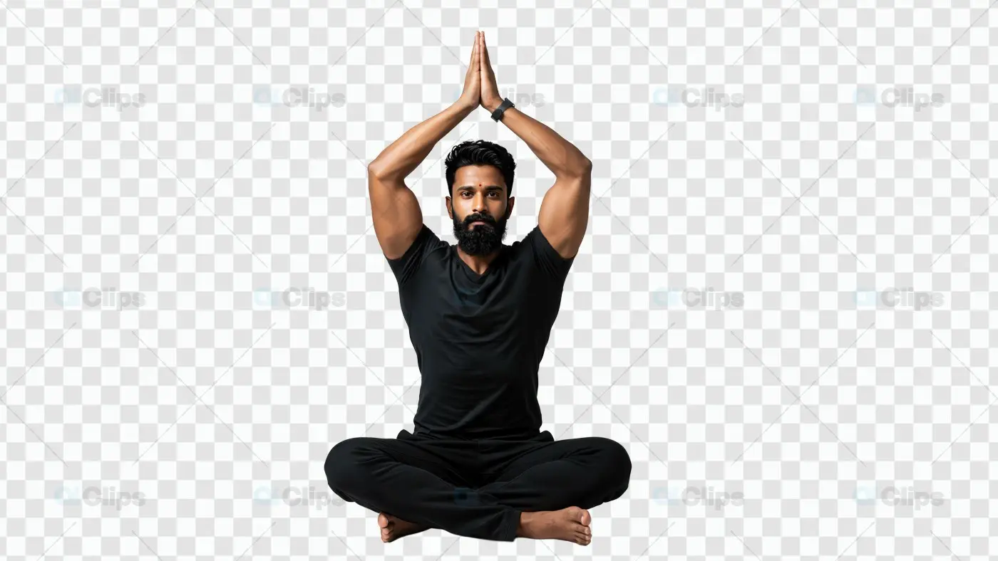 Bearded Man in Black Performing Yoga Namaste Pose on Transparent