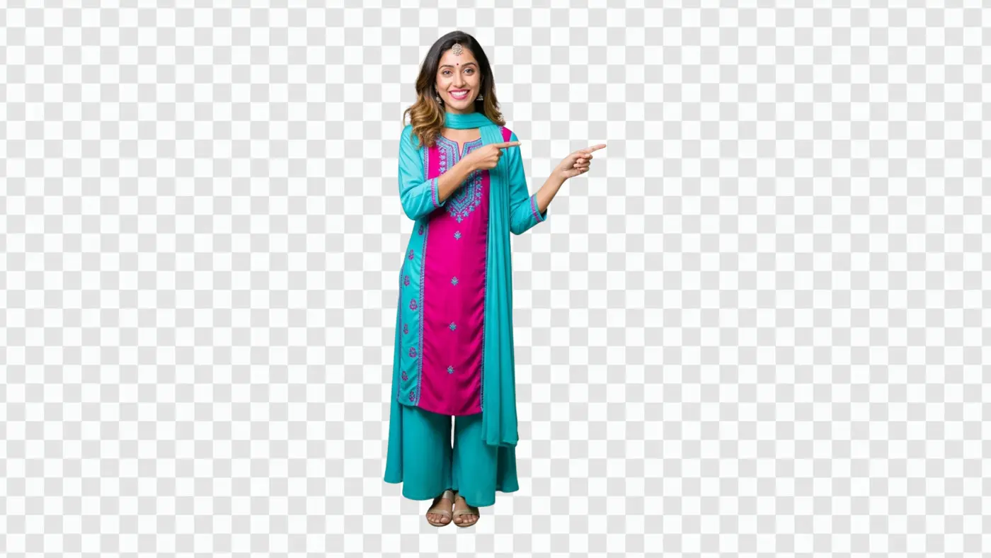 Smiling Indian Woman in Traditional Attire Pointing PNG