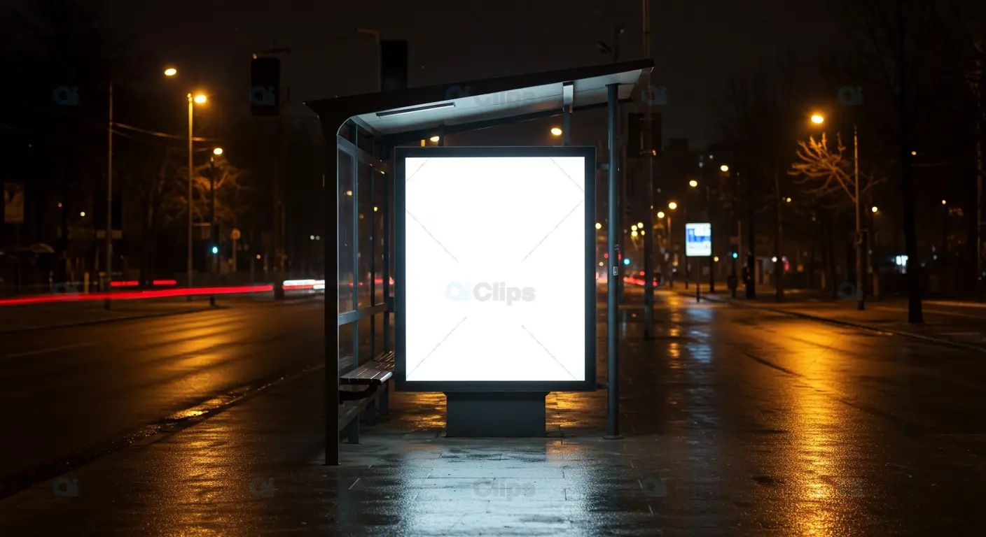 Illuminated Bus Stop Billboard at Night