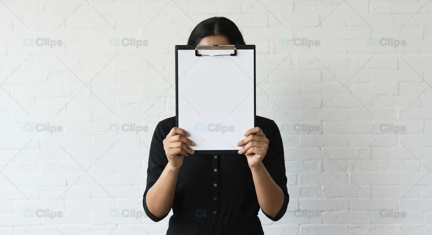 Woman Hiding Face with Blank Clipboard Mockup
