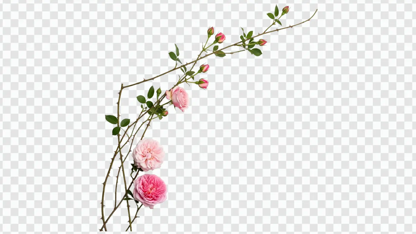Thorny Pink Rose Branch Corner Floral Element PNG