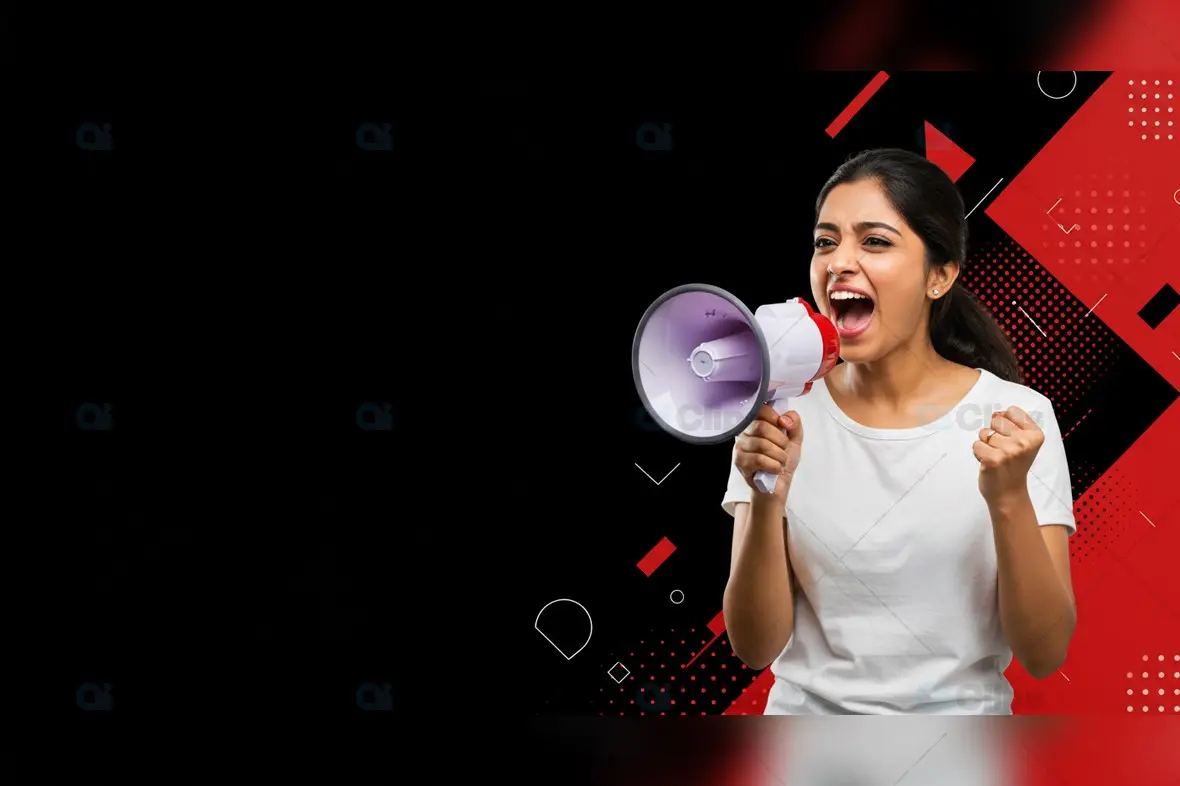 Indian Woman Shouting Through Megaphone on Bold Black and Red Background