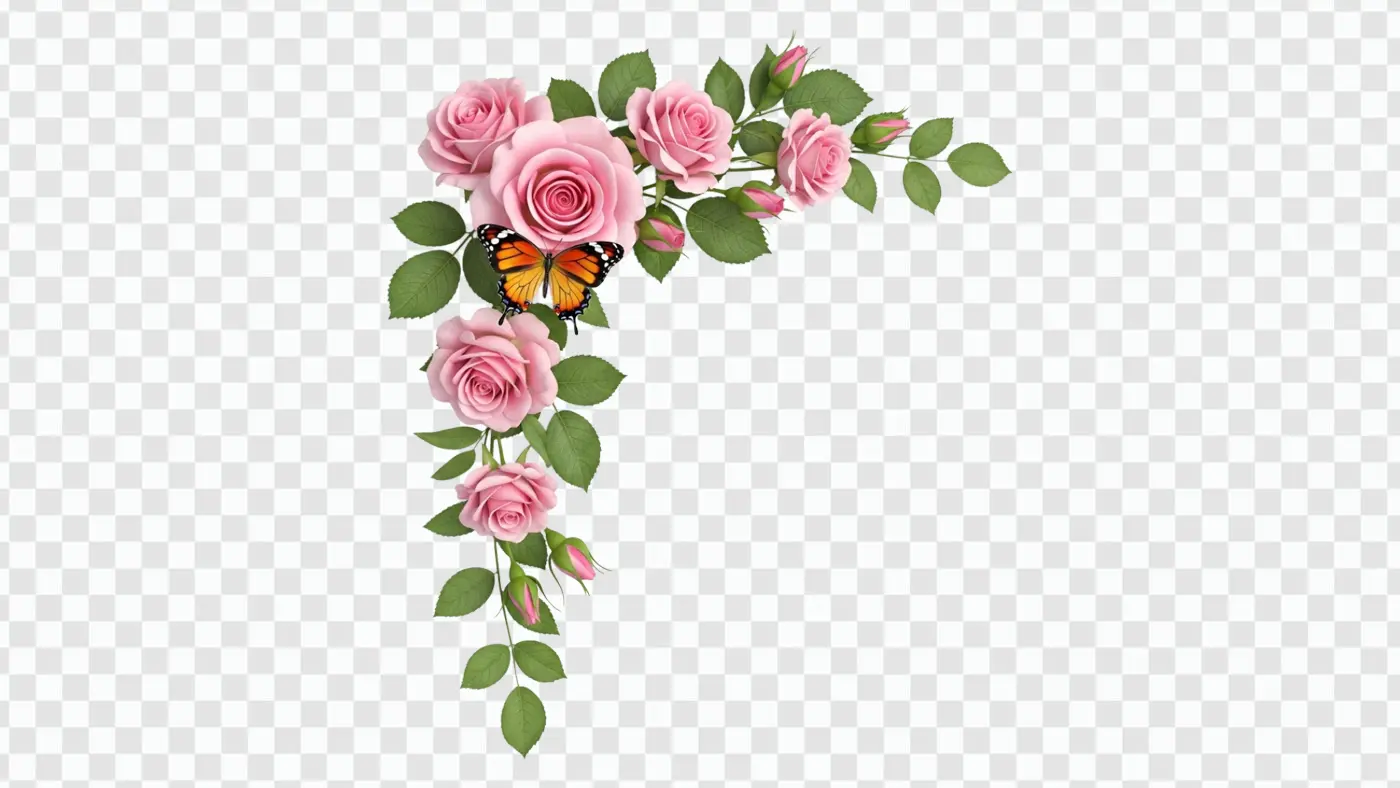 Soft Pink Rose Spray with Orange Butterfly PNG