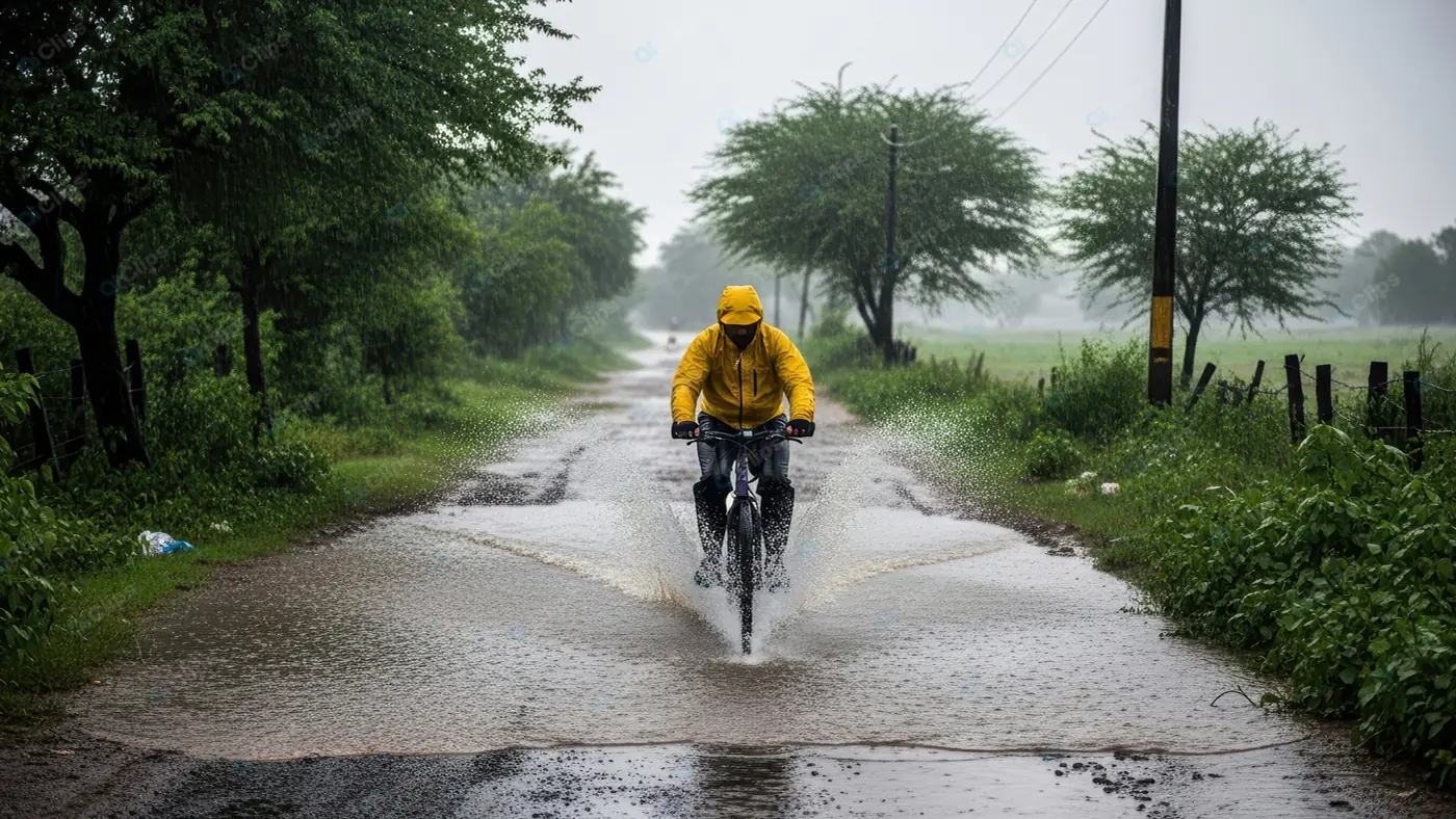 Monsoon Cyclist Braving Flooded Path