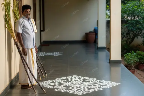 South Indian Man Observing Harvest Tradition