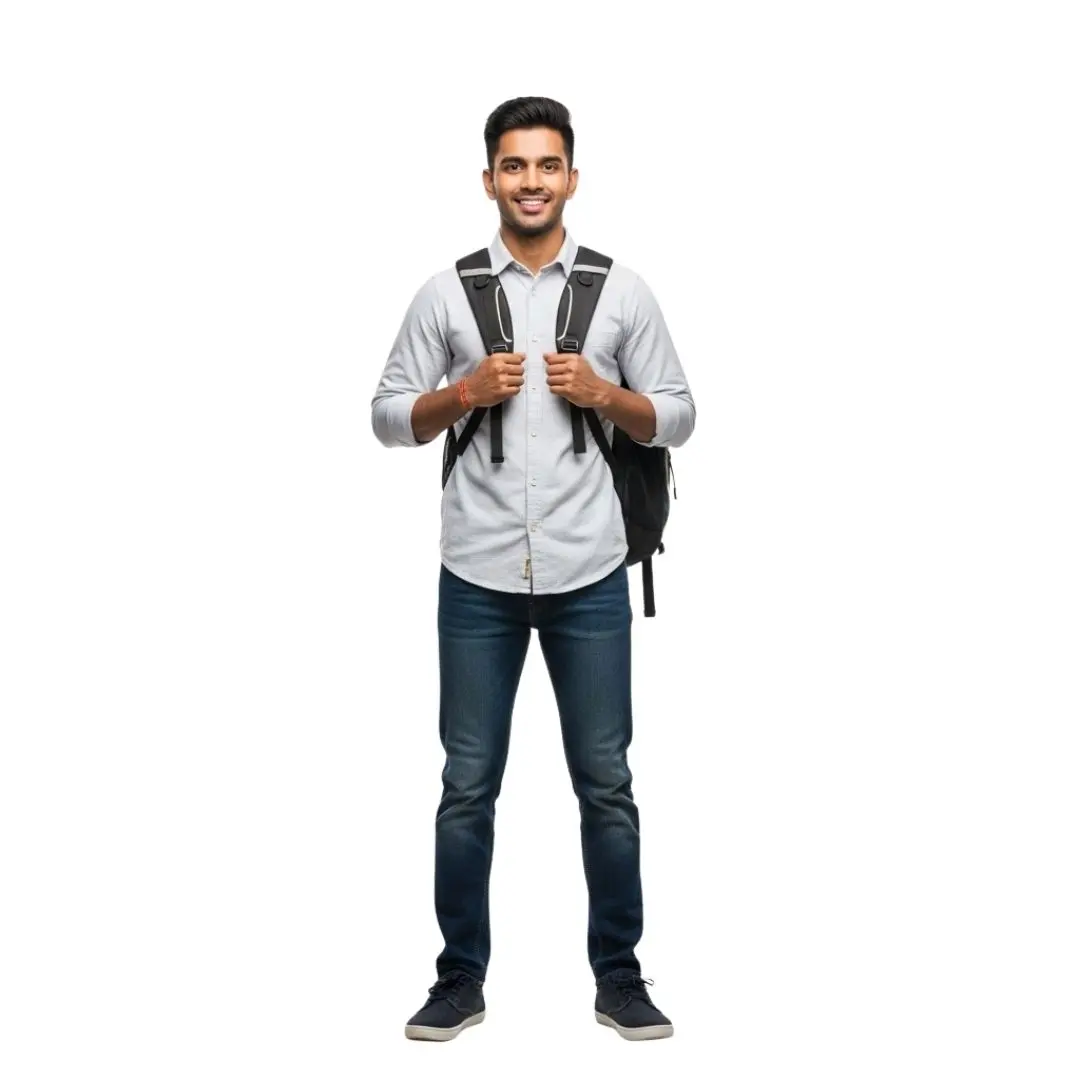 Smiling Indian College Student Standing with Backpack PNG
