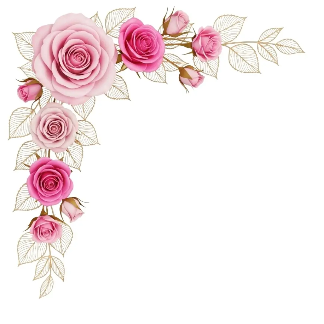 Opulent Pink Roses with Stylized Gold Leaves Clipart