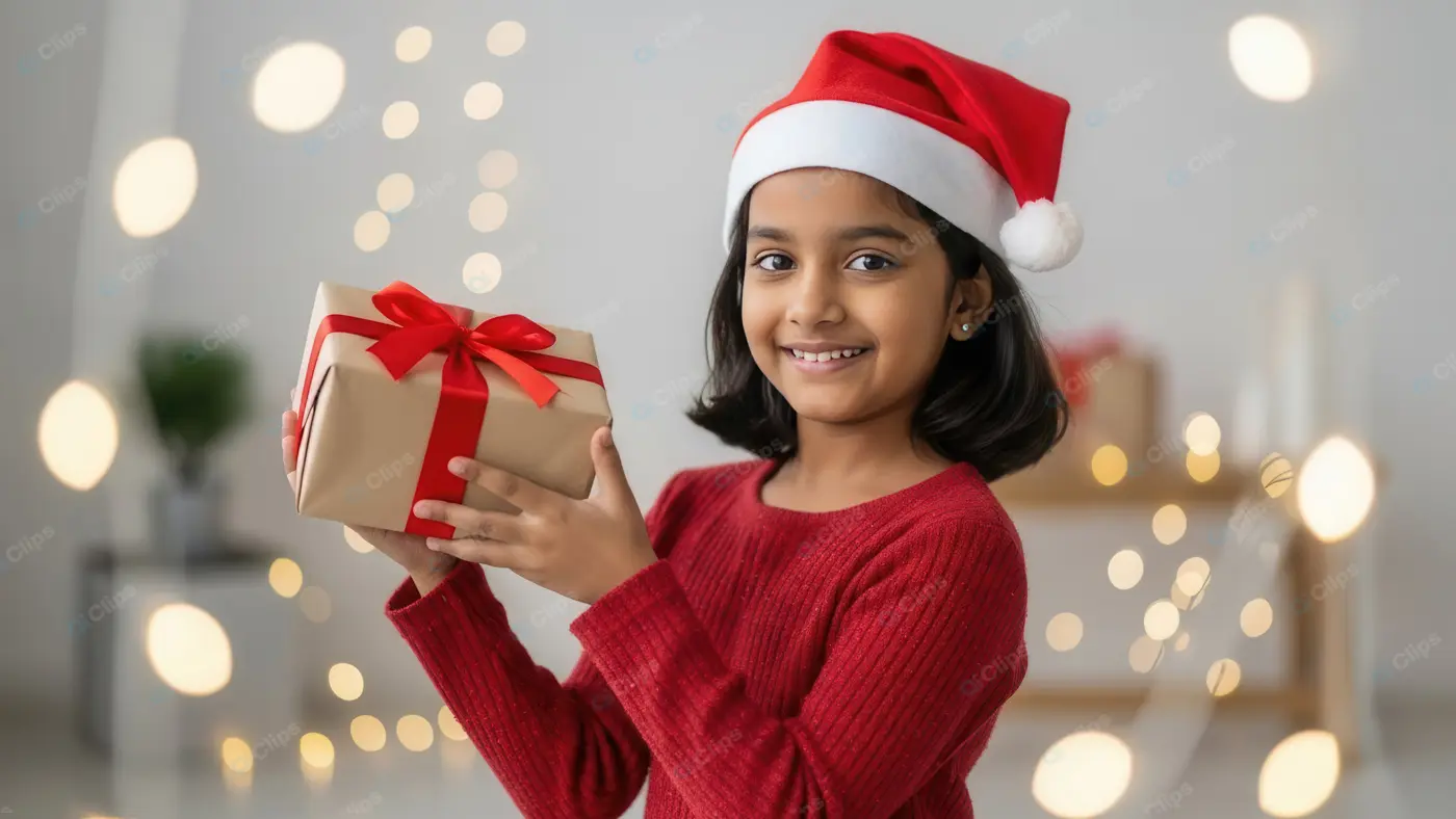 Festive Joy Indian Girl with Christmas Present