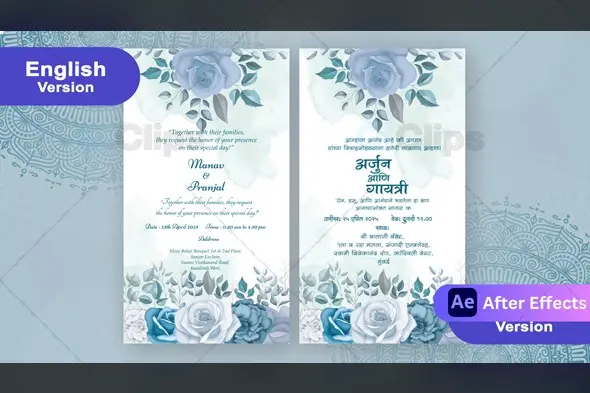 Elegant Blue Rose Wedding Invitation Marathi & English Template