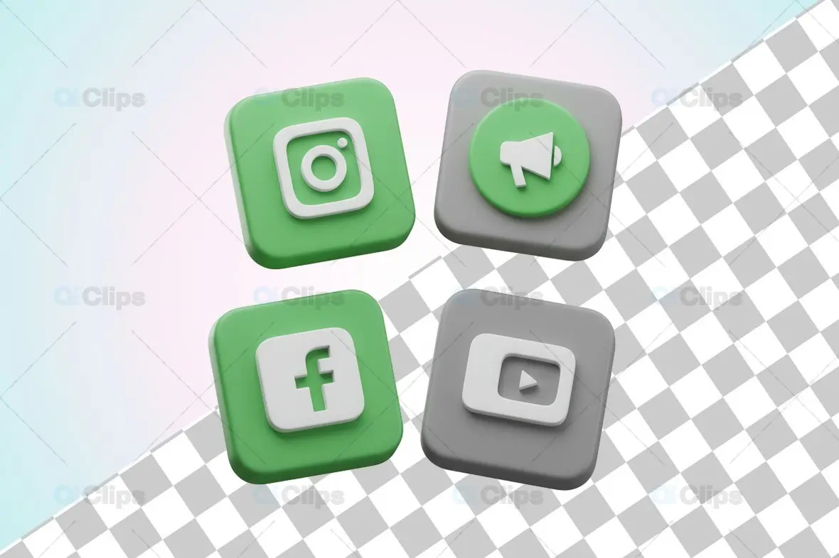 3D Social Media Icons Green and Gray Platform Buttons