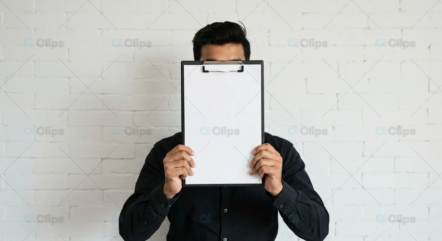 Man Holding Blank Clipboard Against White Brick Wall