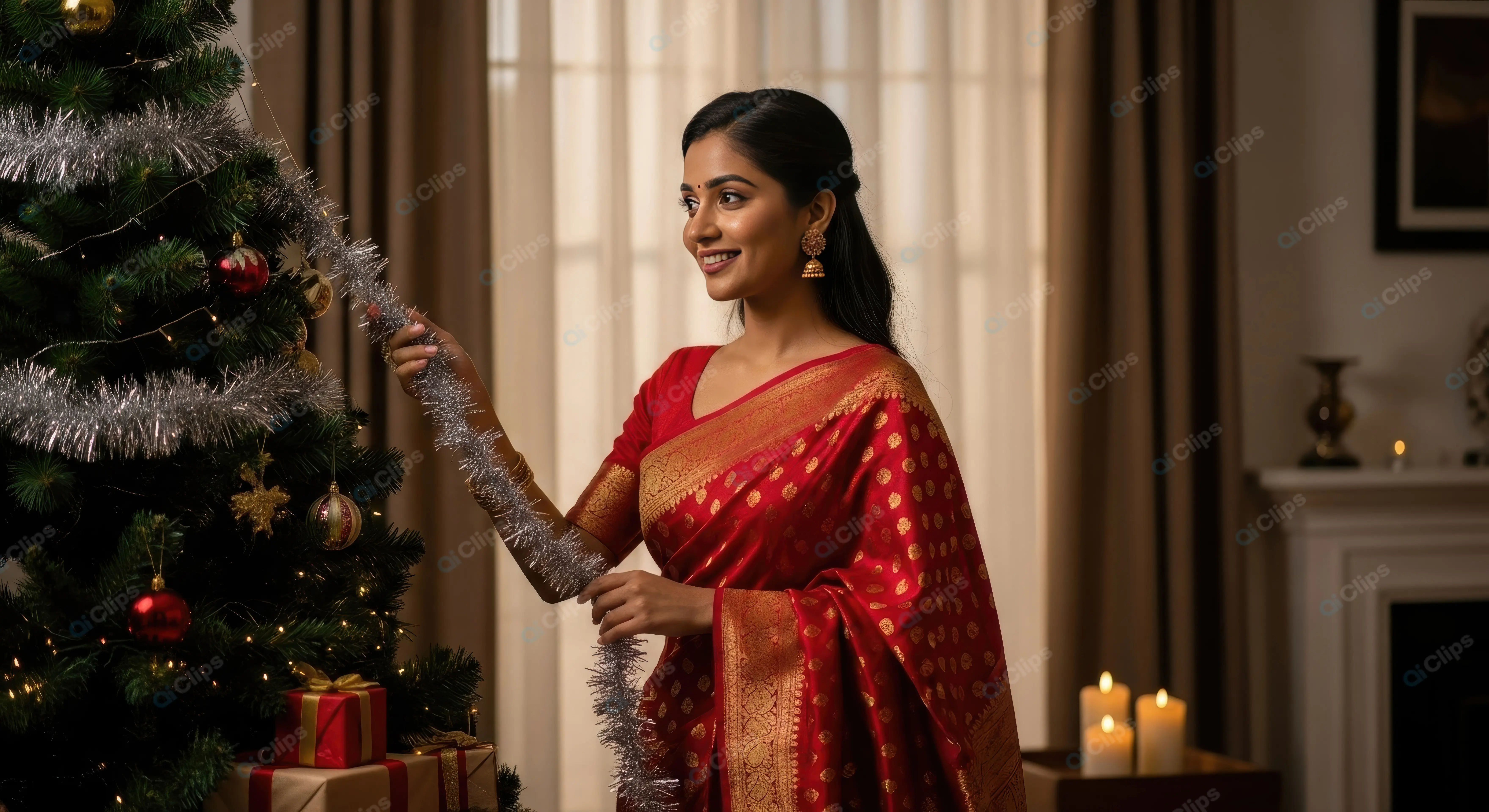 Elegant Indian Woman Celebrating Christmas